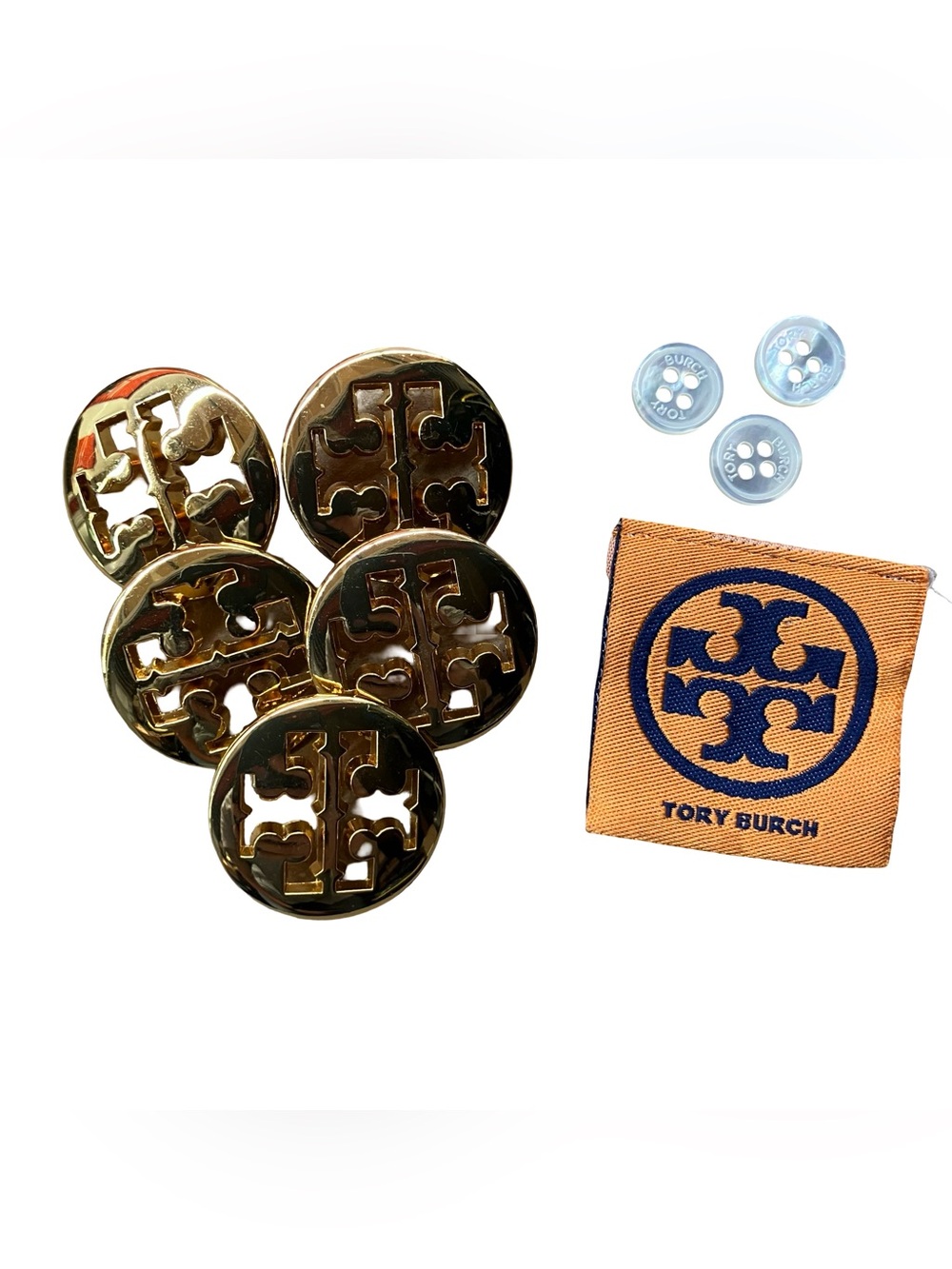 Tory Burch Replacement Buttons & Tag Golden Logo 1” (5x) & Plastic Spellout (3x)